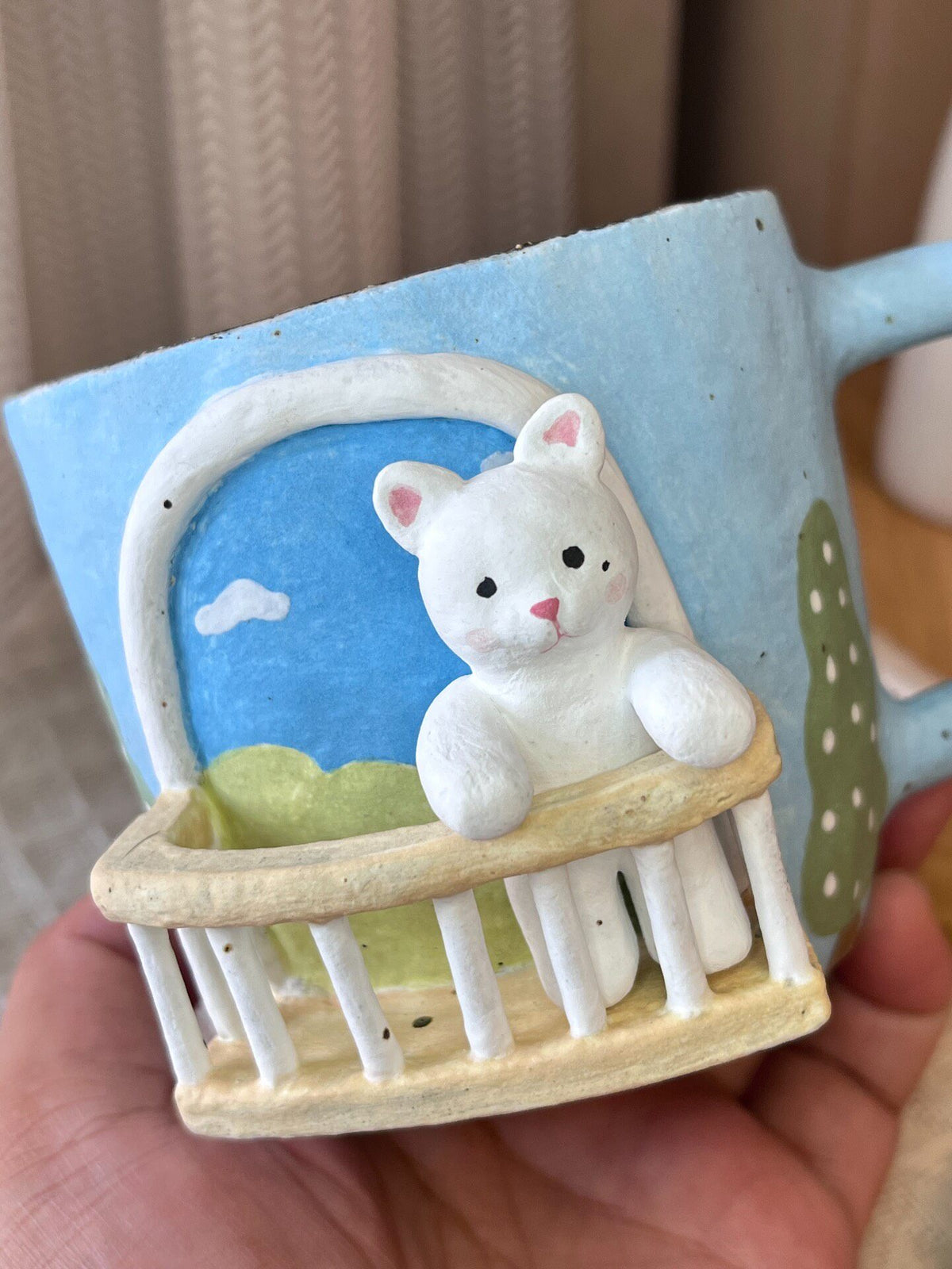 Handmade Ceramic Cat Mug with Balcony Figurine