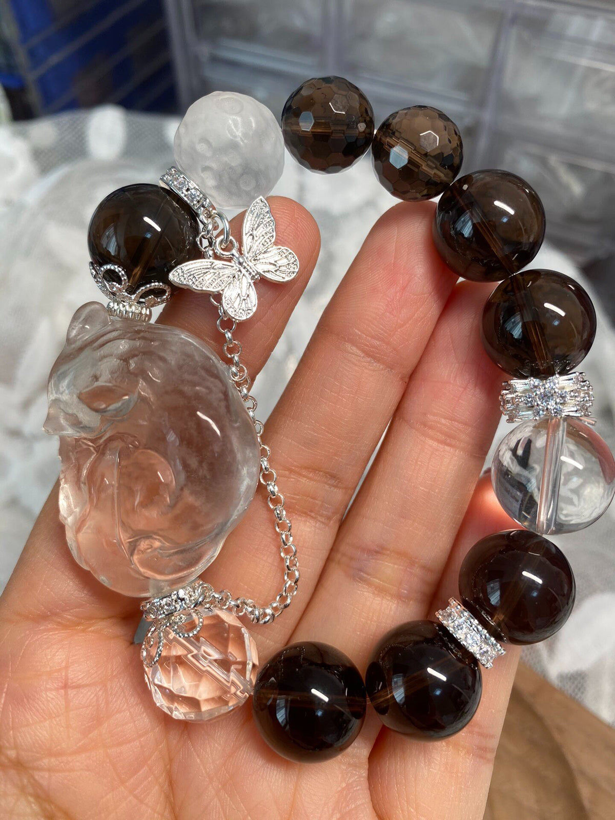 Smoky Quartz Clear Quartz Fox Pendant Bracelet
