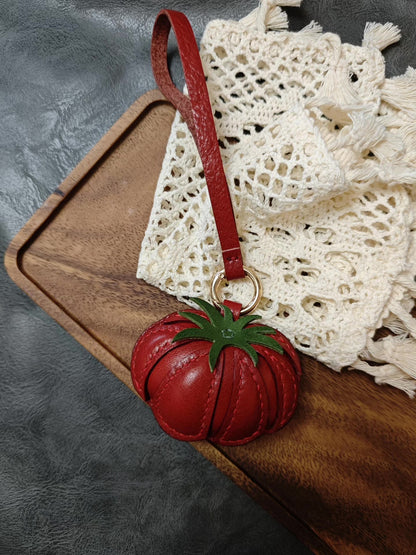 Tomato Leather Keychain with Green Calyx and Gold Ring