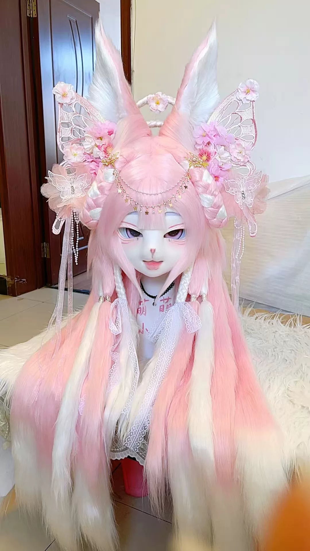 Pink White Fox Ear Headpiece with Wig