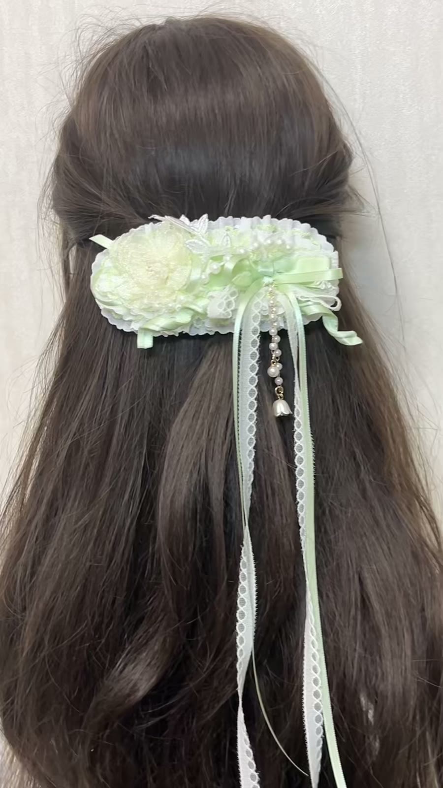 Mint Green Lace Flower Hair Clip with Ribbons