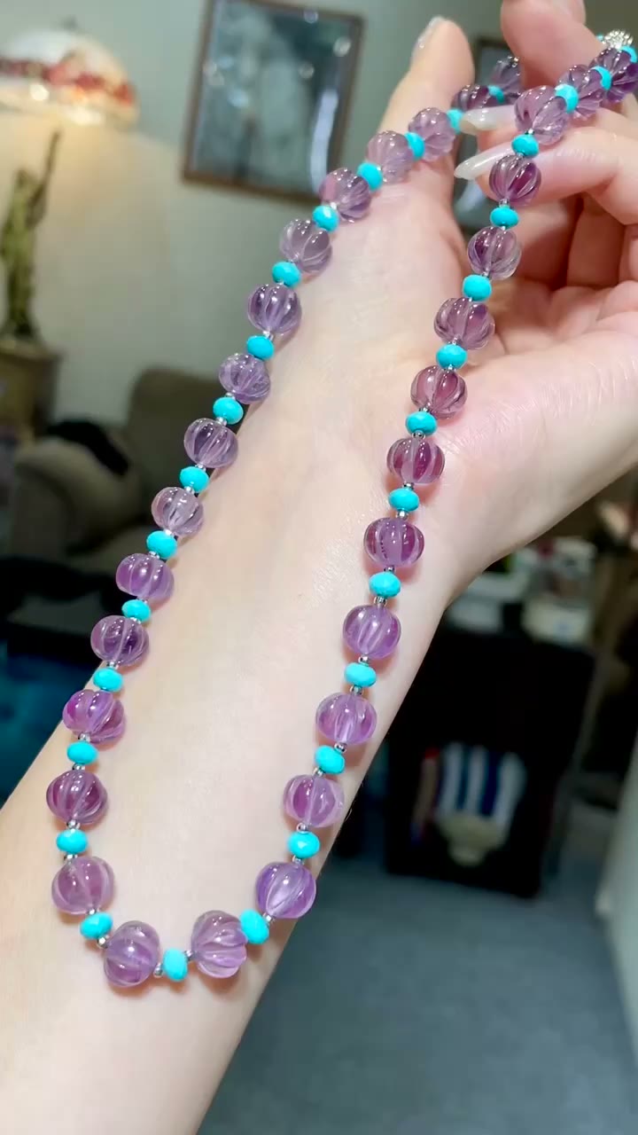 Purple Pumpkin-Cut Amethyst and Turquoise Bead Necklace