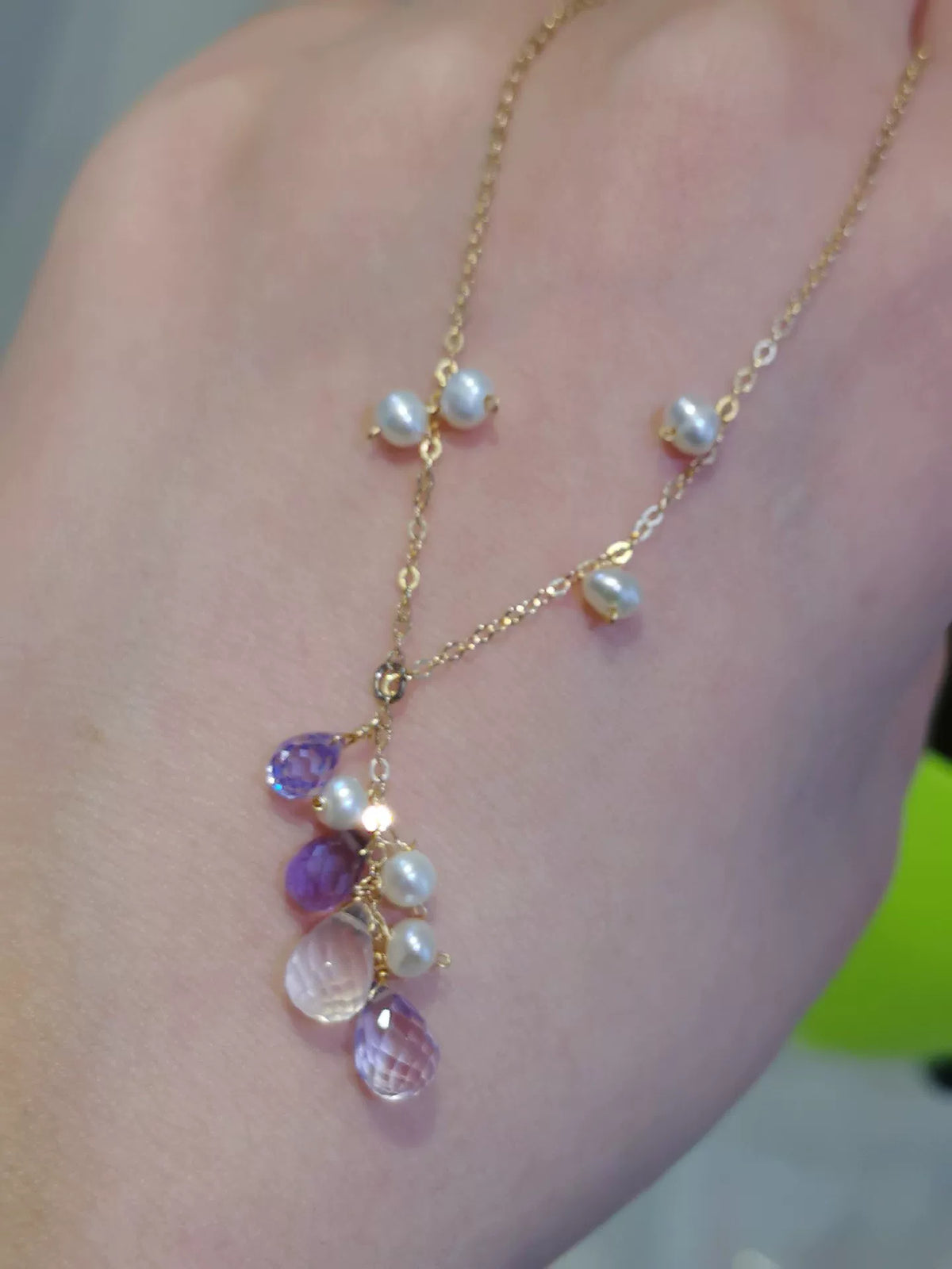 Collar de Oro Relleno con Amatista, Cuarzo Rosa y Perlas