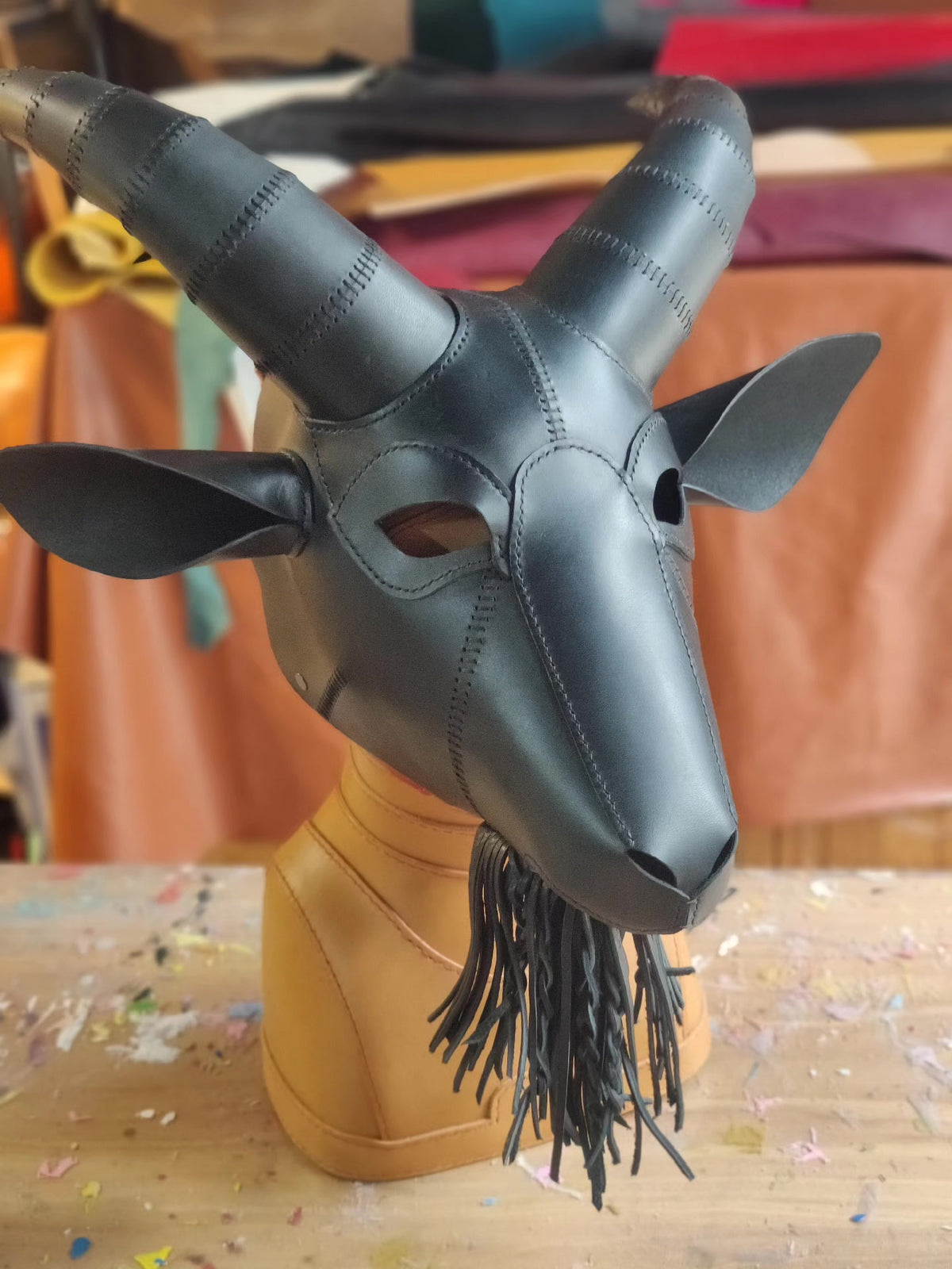 Black Leather Goat Mask Handcrafted Cowhide