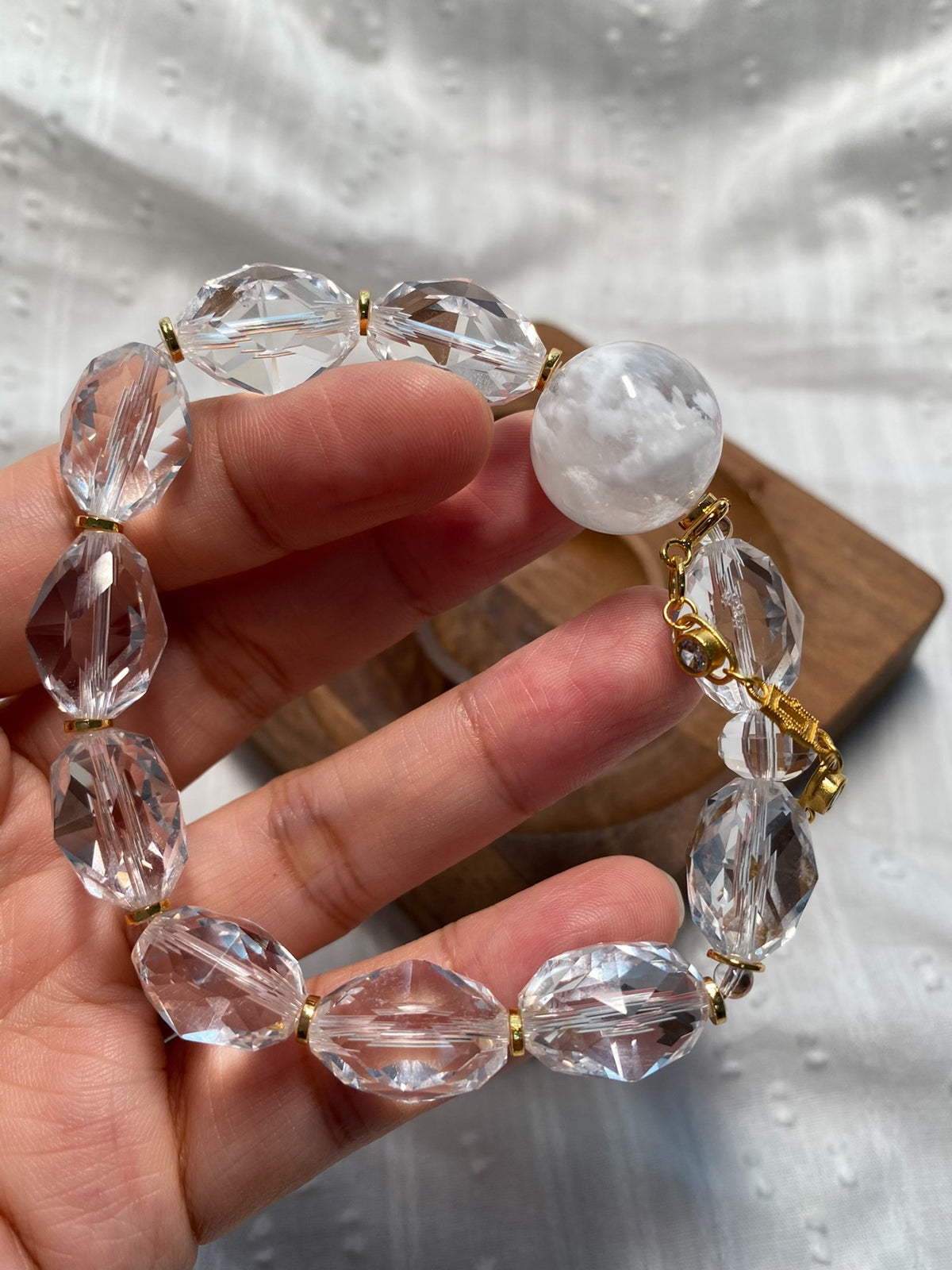 Clear Quartz Snowflake Phantom Beaded Bracelet