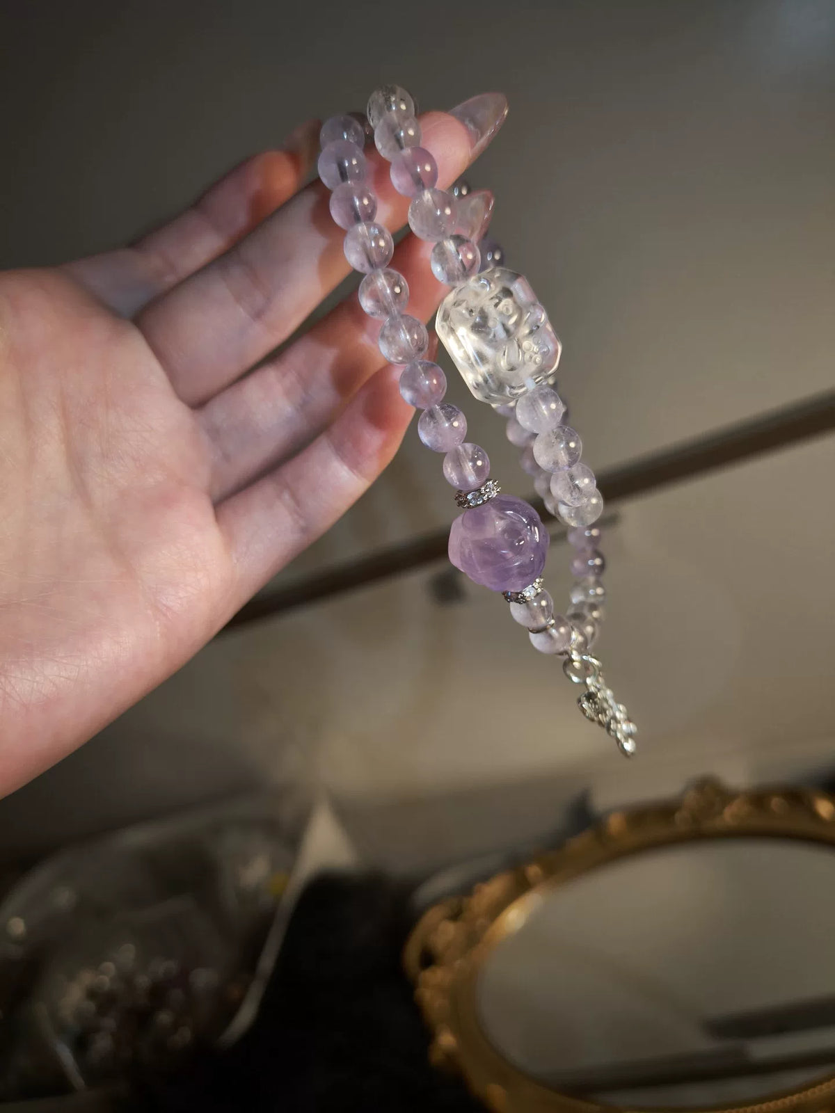 Amethyst White Crystal Fox Bead Bracelet