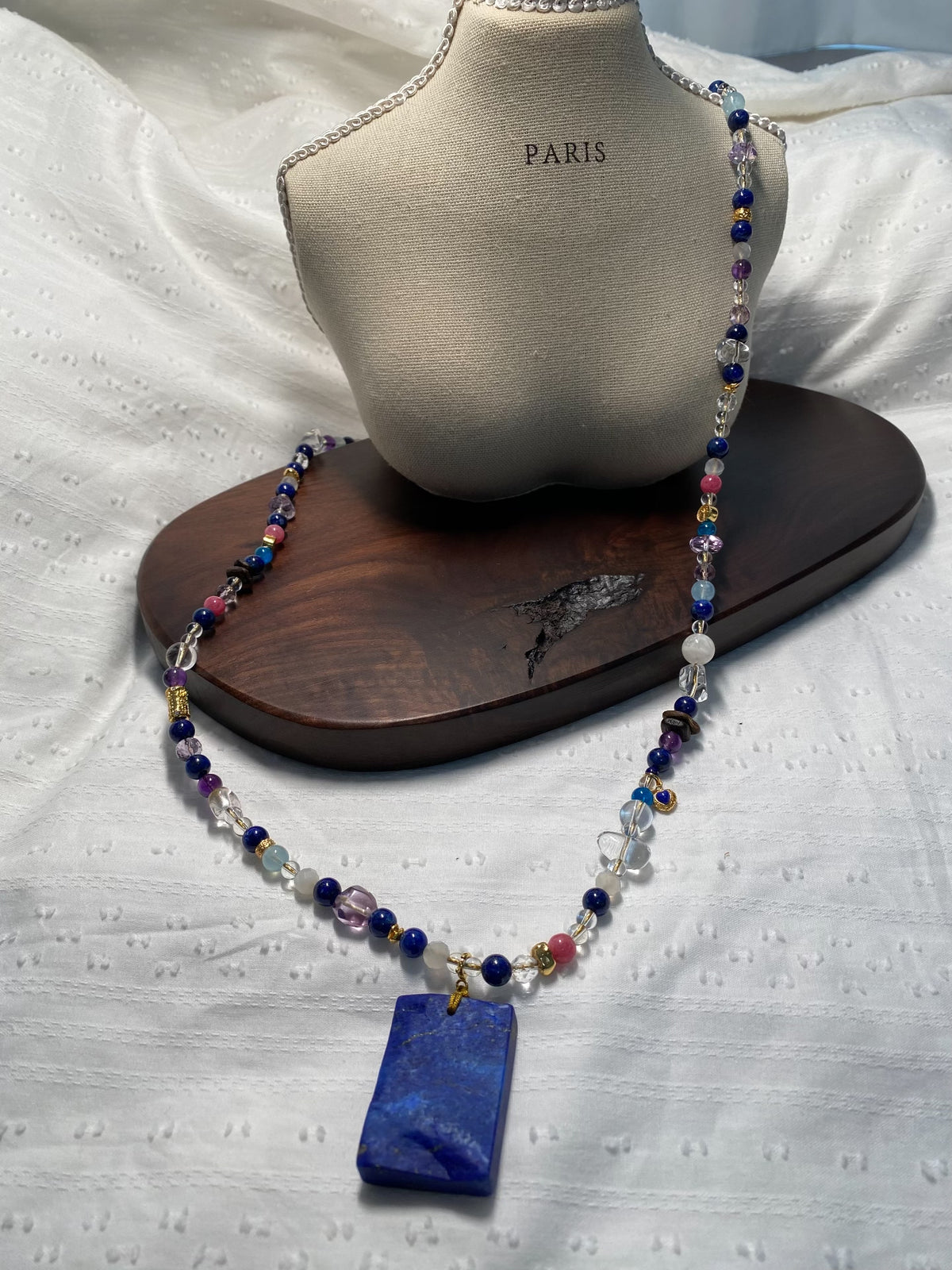 Long Multi Gemstone Necklace With Lapis Lazuli Pendant