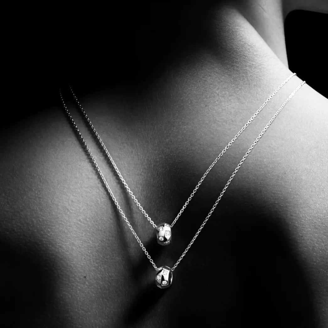 S925 Silver Checkerboard Roller Bead Necklace