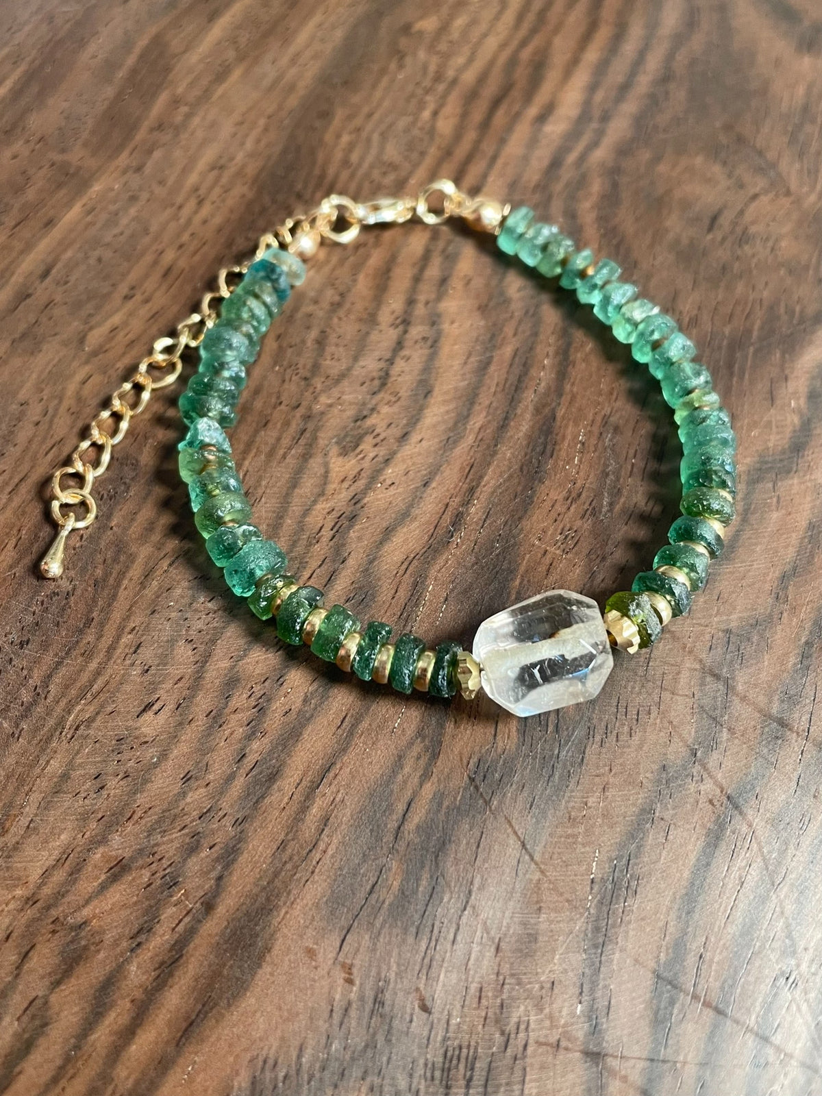 Roman Glass Bead Bracelet with Faceted Crystal
