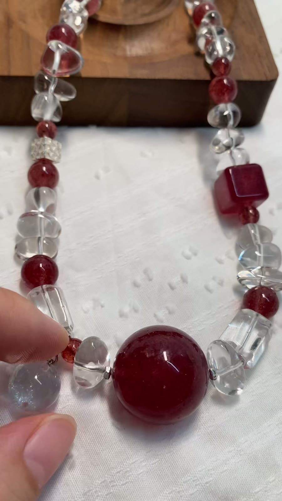 Strawberry Quartz Beaded Necklace Silver Accents