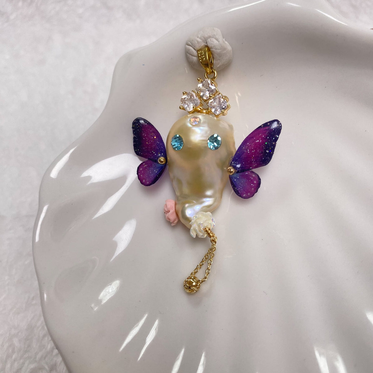 Baroque Pearl Ghost Pendant with Butterfly Wings