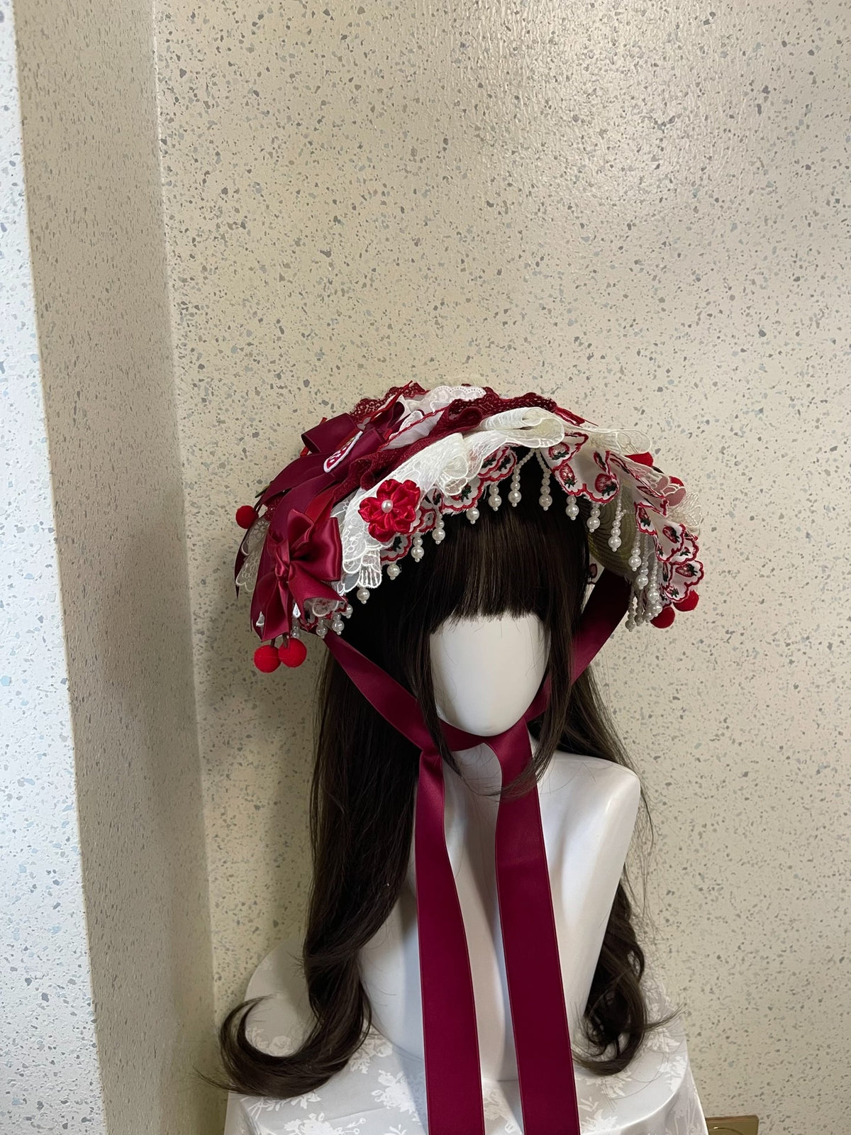 Wine Red Lace Lolita Flat Bonnet Handmade