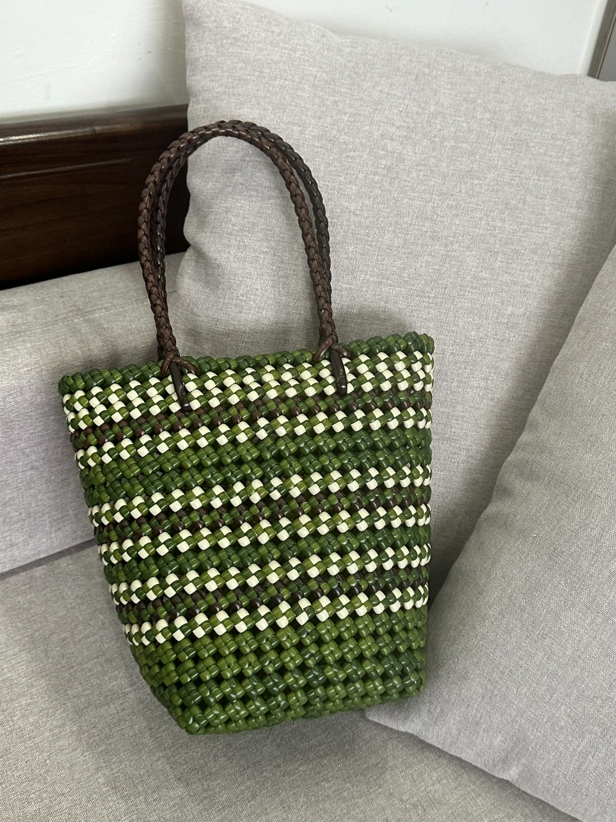 Handwoven Rattan Tote Bag Olive White