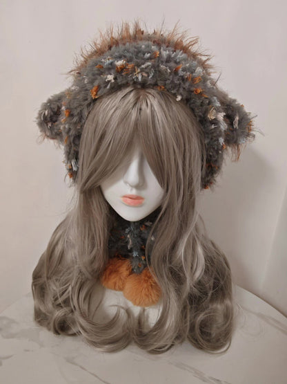 Gray and Beige Lamb Hat with Orange Pom-Poms