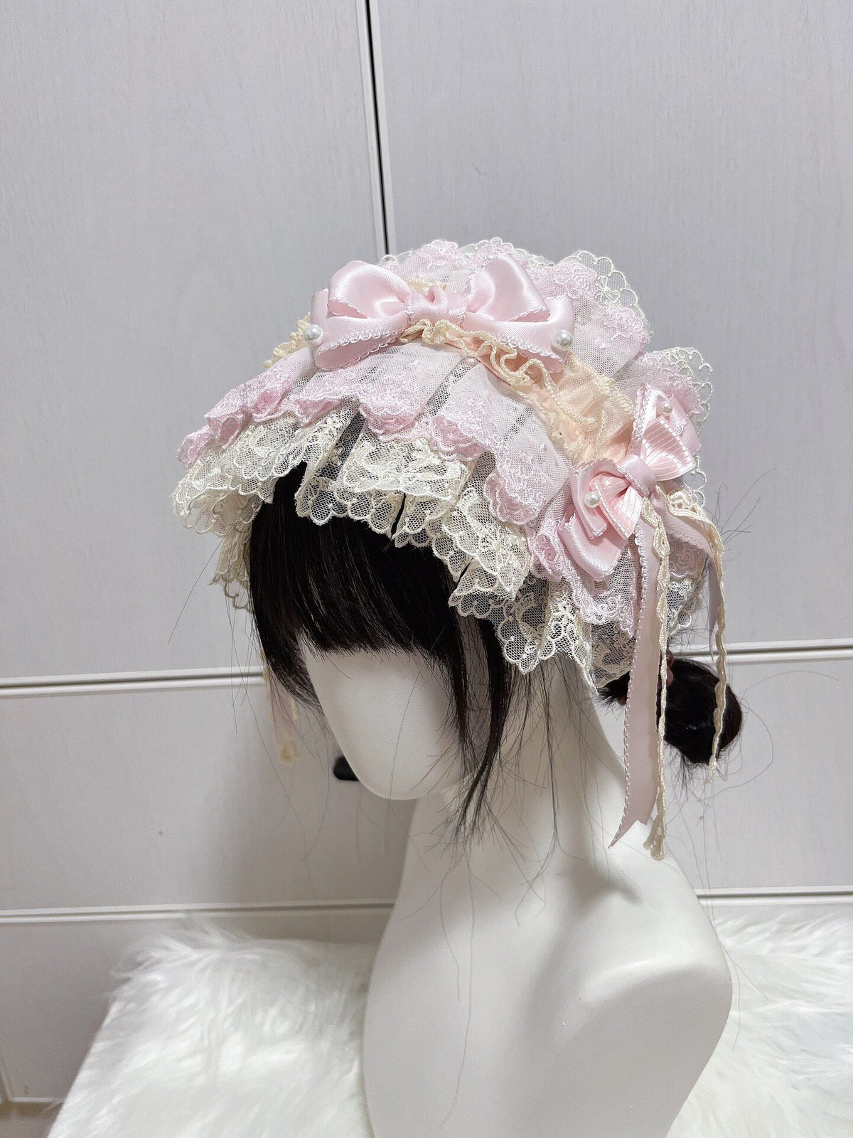 Pastel Pink Lace Lolita Bonnet Headpiece