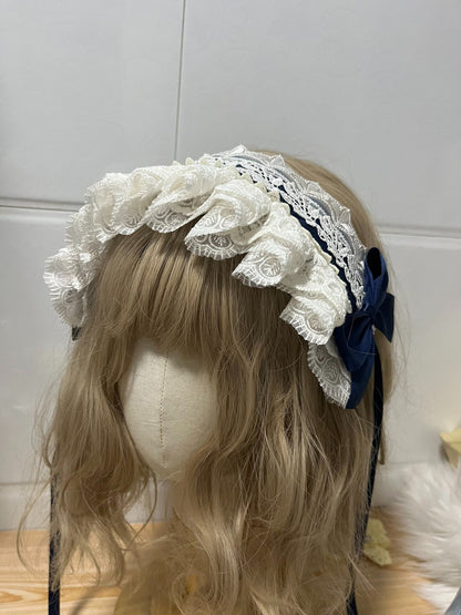 Lolita Navy Blue Bow White Lace Headband