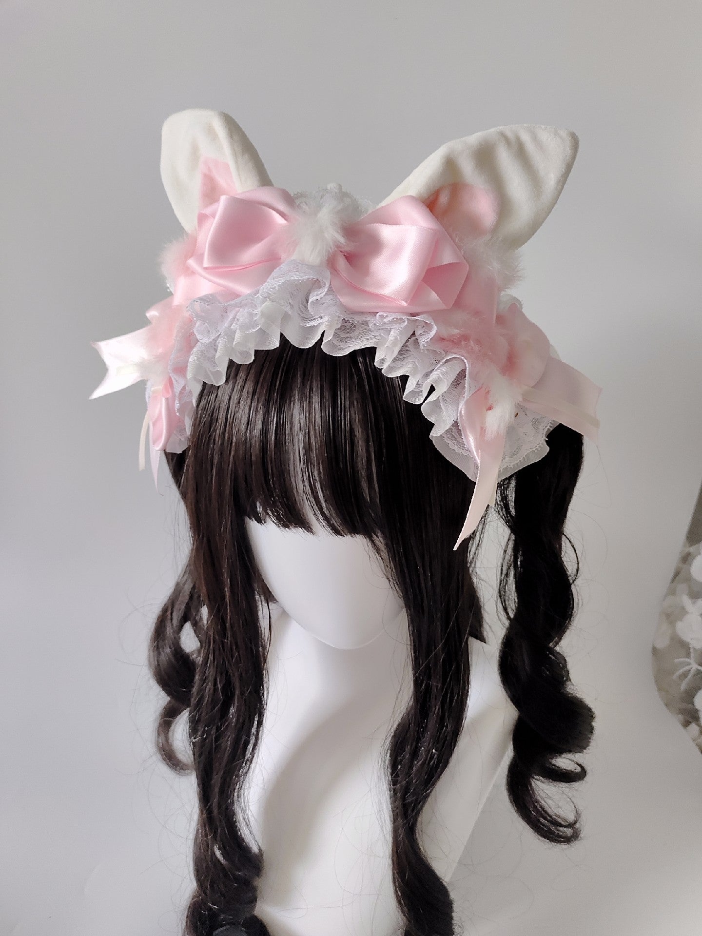 Pink and White Lolita Rabbit Ear Headband with Polka Dot Bow