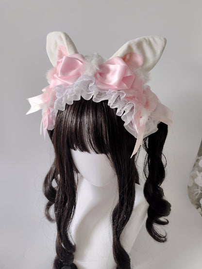 Pink and White Lolita Rabbit Ear Headband with Polka Dot Bow