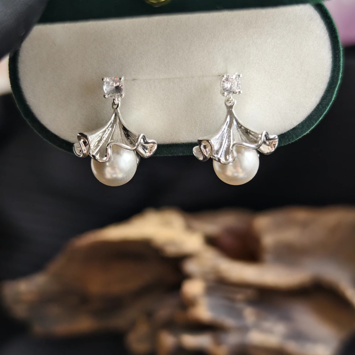 Ruffled Skirt Dangle Stud Earrings with Pearls