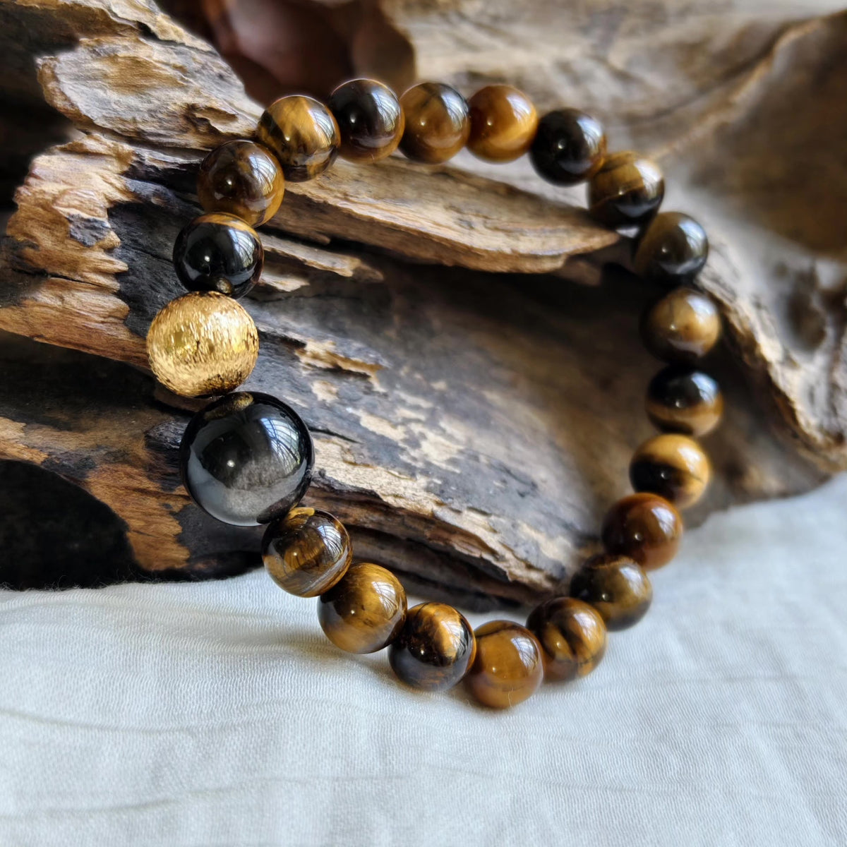 Yellow Tiger Eye Black Obsidian Beaded Bracelet