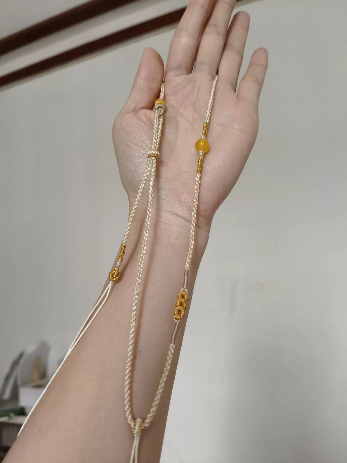 Hand Braided Ivory Necklace Cord Gold Bead