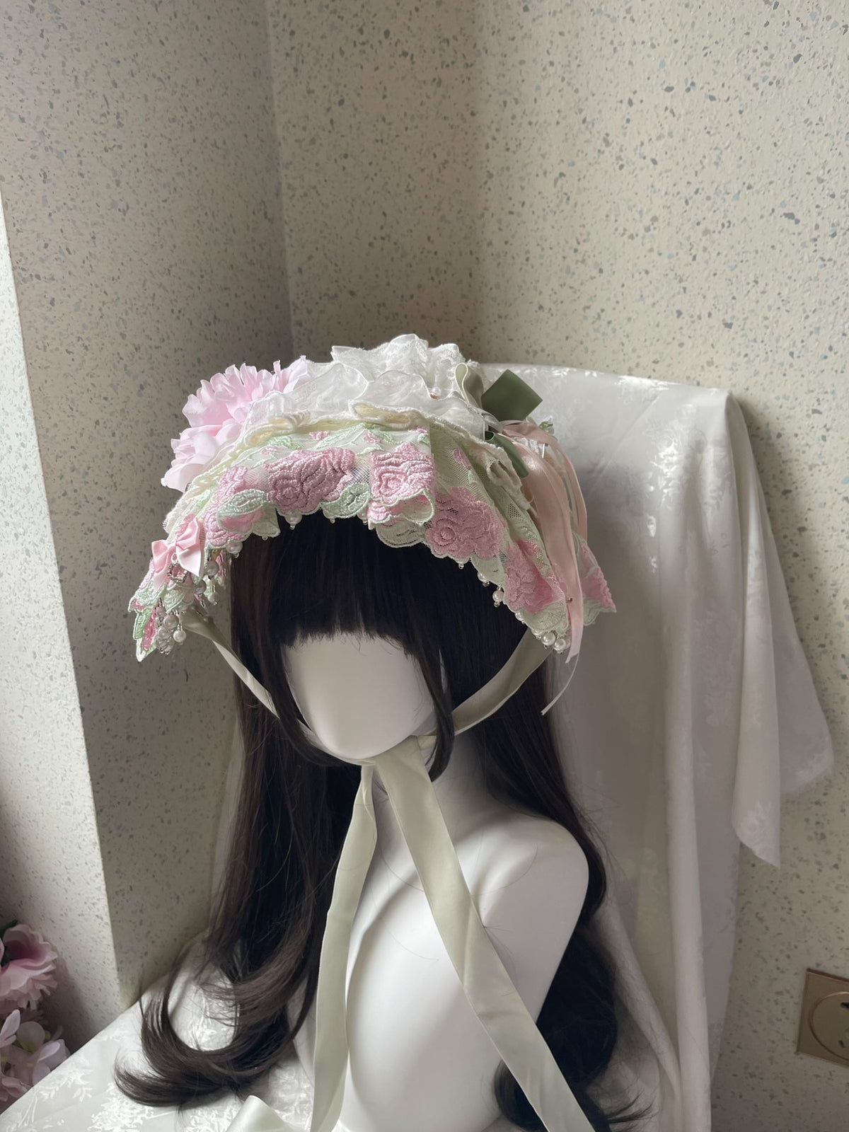 Lolita Bonnet Pink Green Layered Lace