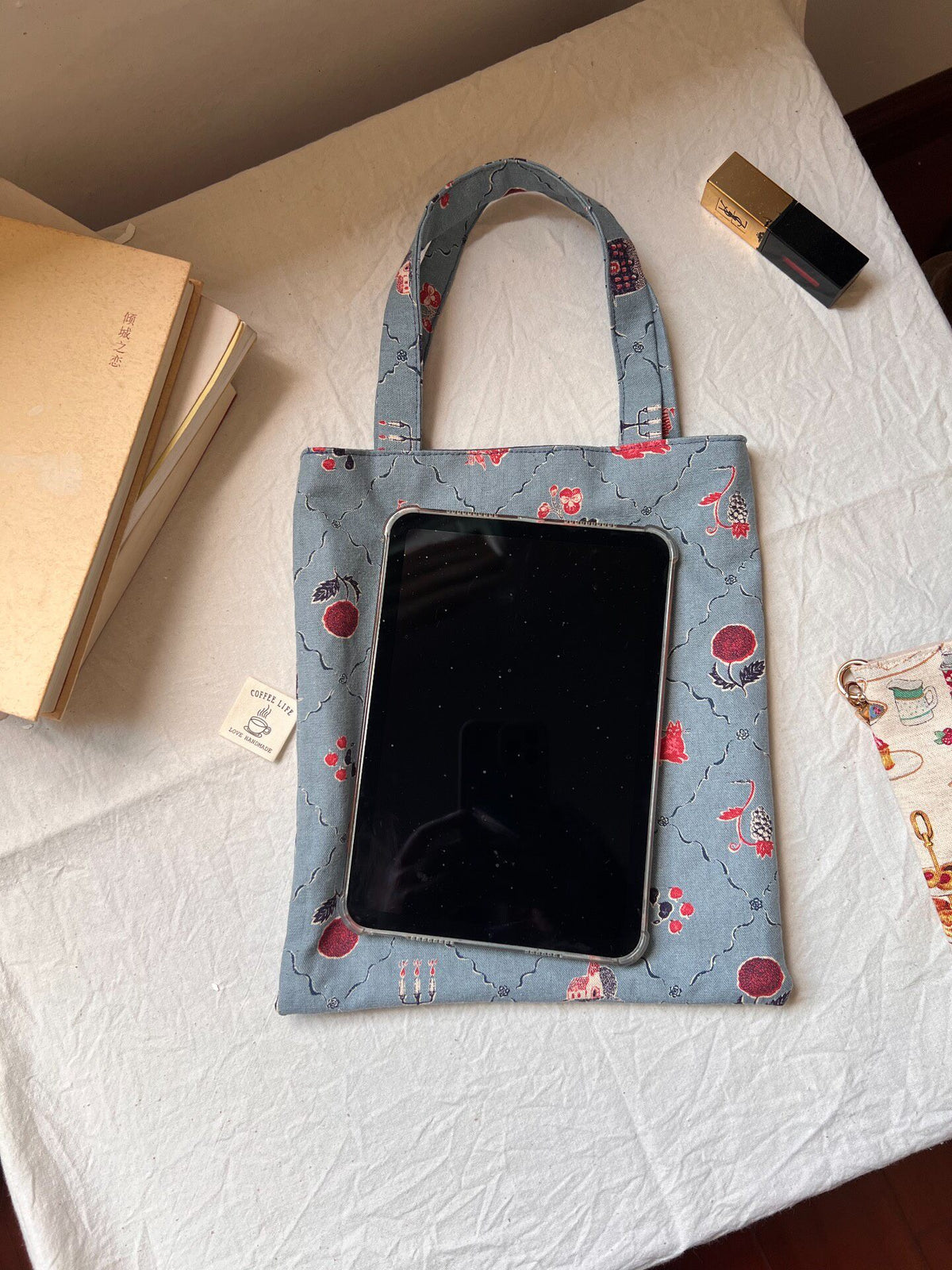 Cotton Linen Tote Bag with Folk Art Print