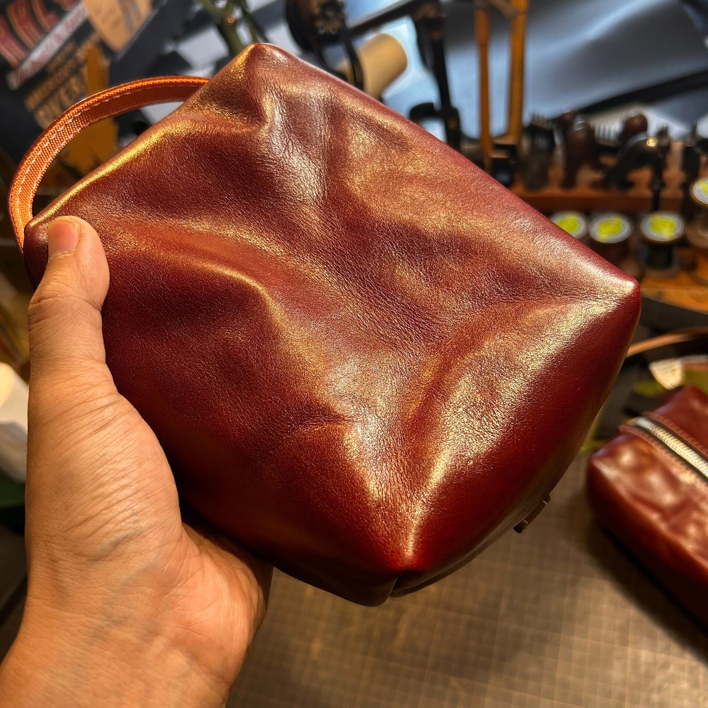 Reddish-Brown Full-Grain Leather Rectangular Pouch with Dual-Zipper Closure