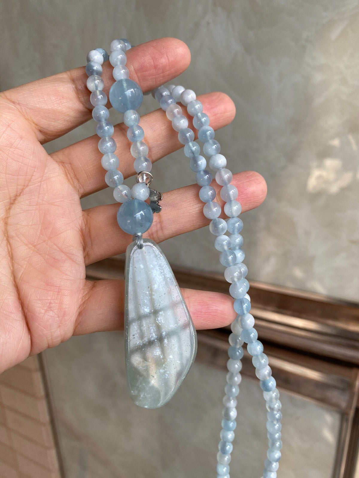 Natural Aquamarine Beaded Sweater Chain Necklace
