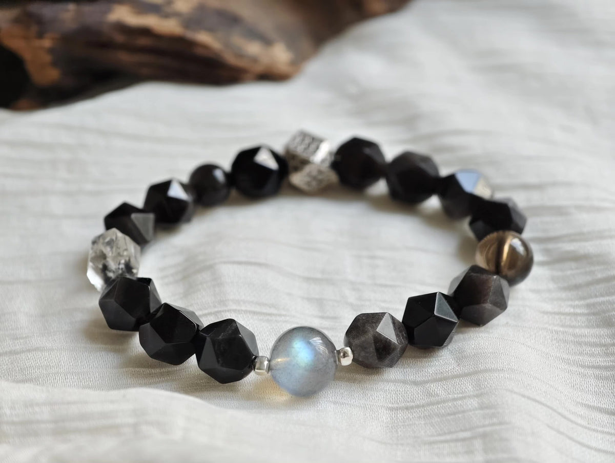 Diamond Cut Black Obsidian Beaded Bracelet