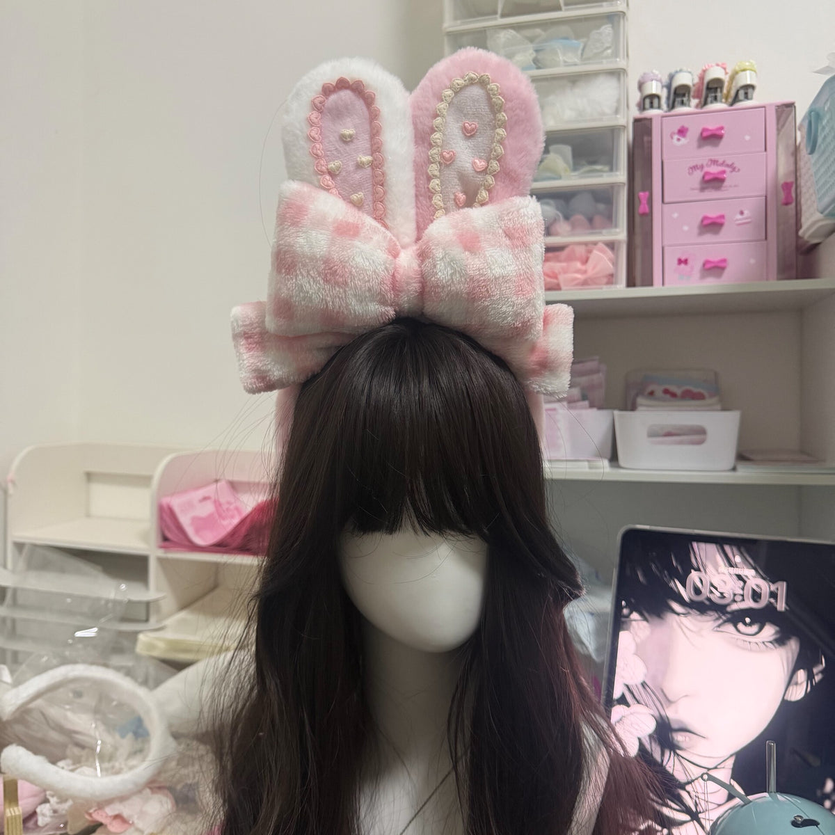 Pink White Plush Bunny Ear Headband