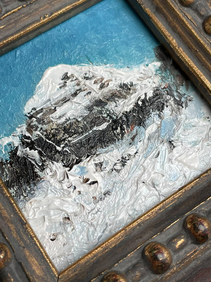 Impasto Oil Painting of Snow-Capped Mountain, 8x8cm, Vintage Wood Frame