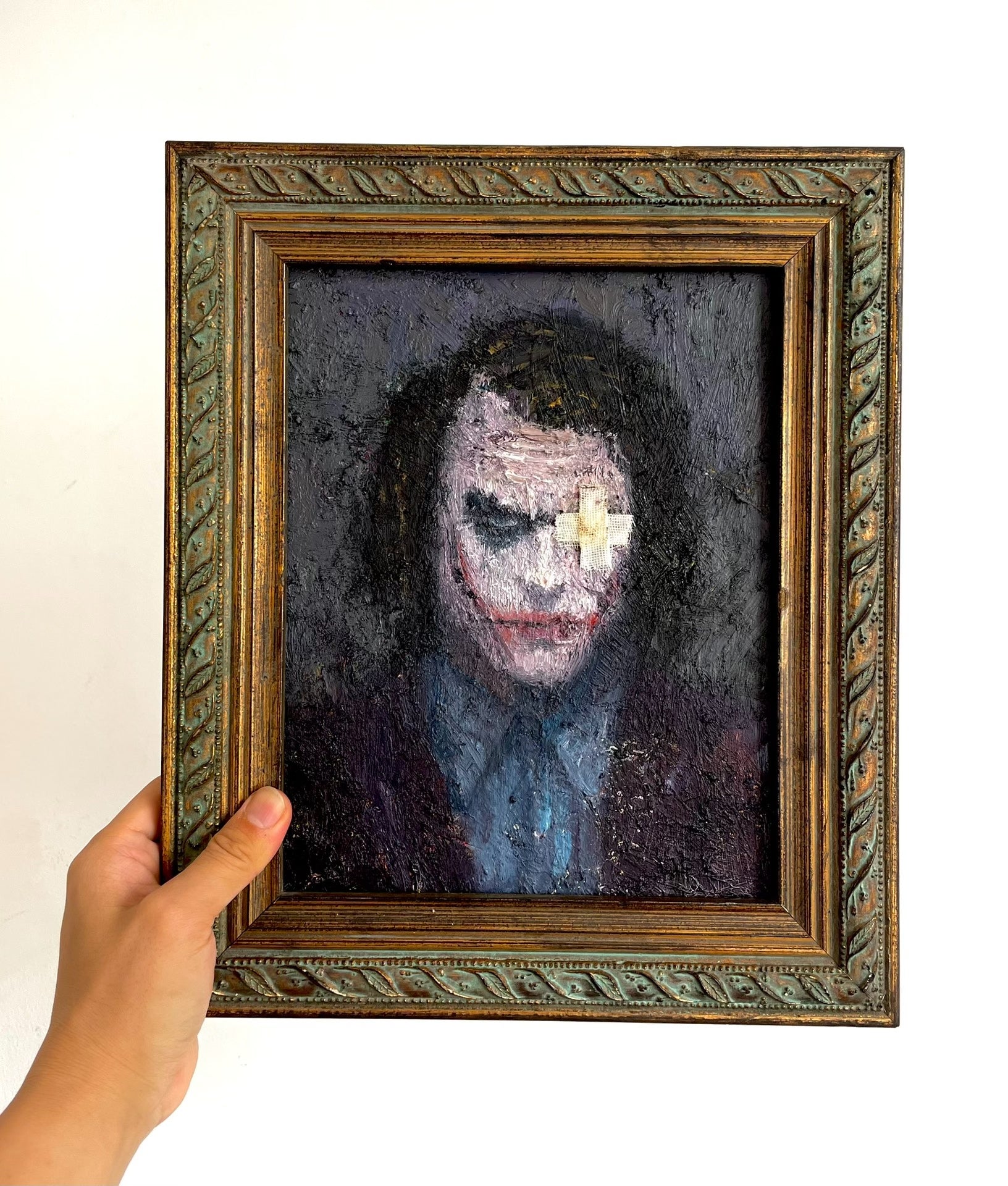 Hand-Painted Oil Portrait of Joker from Why So Serious, Impasto Texture, Framed 20x25 cm