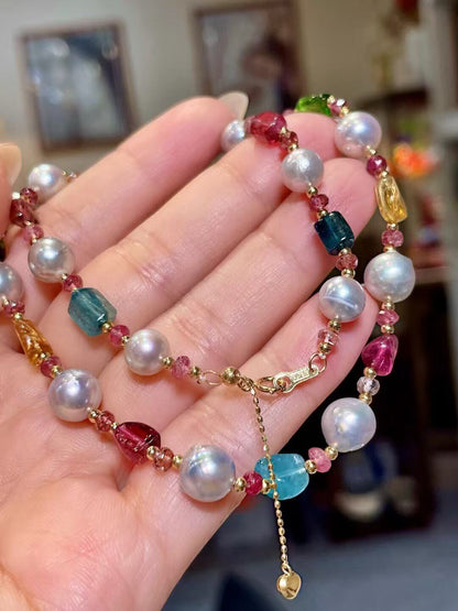 Beryl and Freshwater Pearl Necklace with 18K Gold Clasp