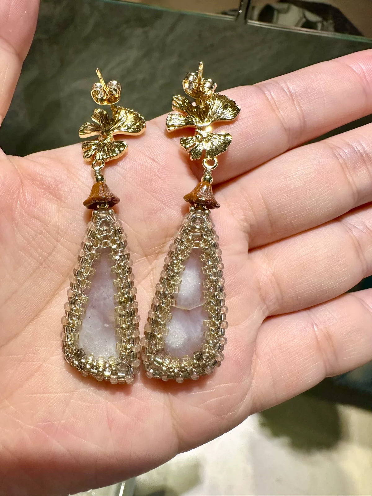 Agate and Ginkgo Leaf Drop Earrings