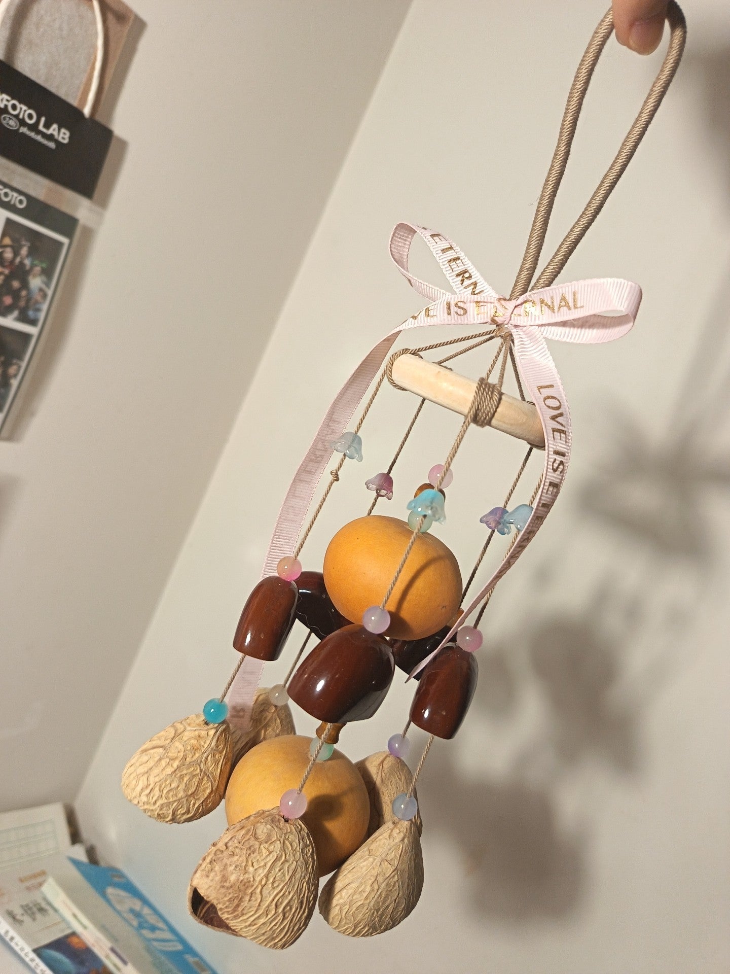 Natural Shell and Gourd Wind Chime with LOVE IS ETERNAL Ribbon