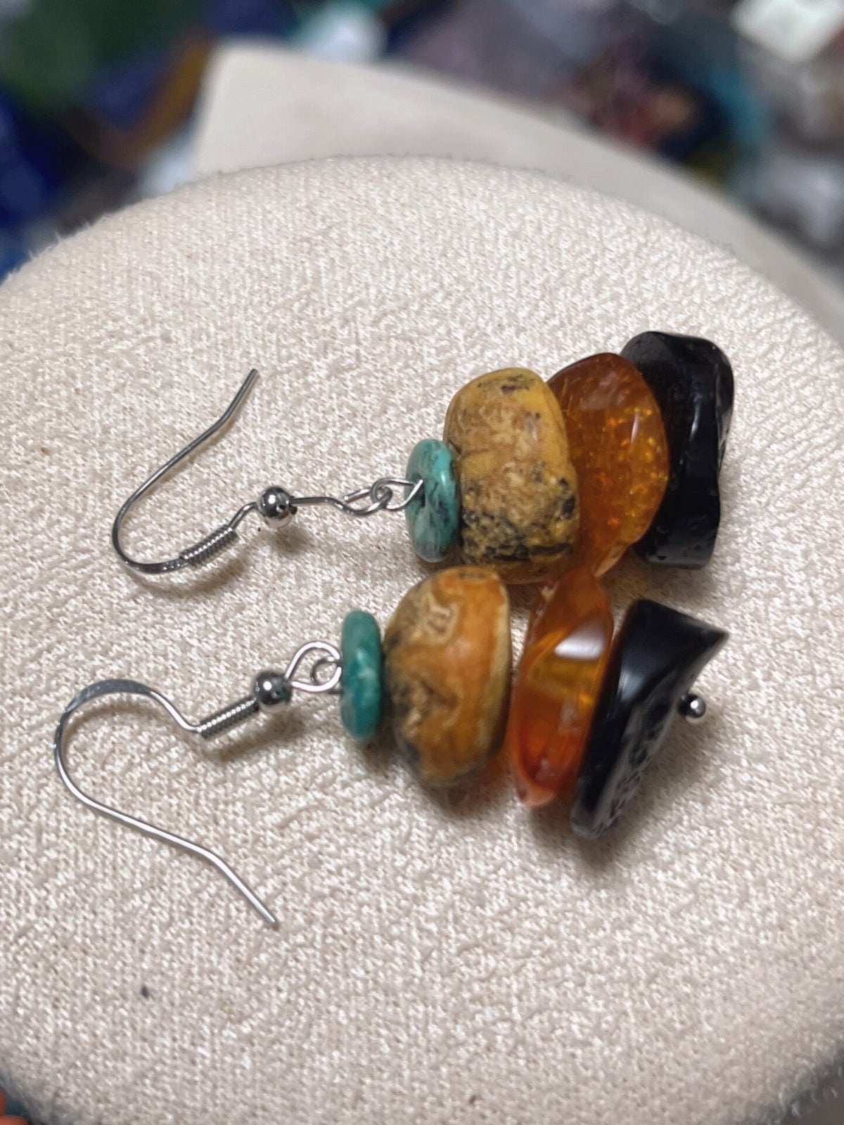 Natural Beeswax Amber Turquoise Dangle Earrings