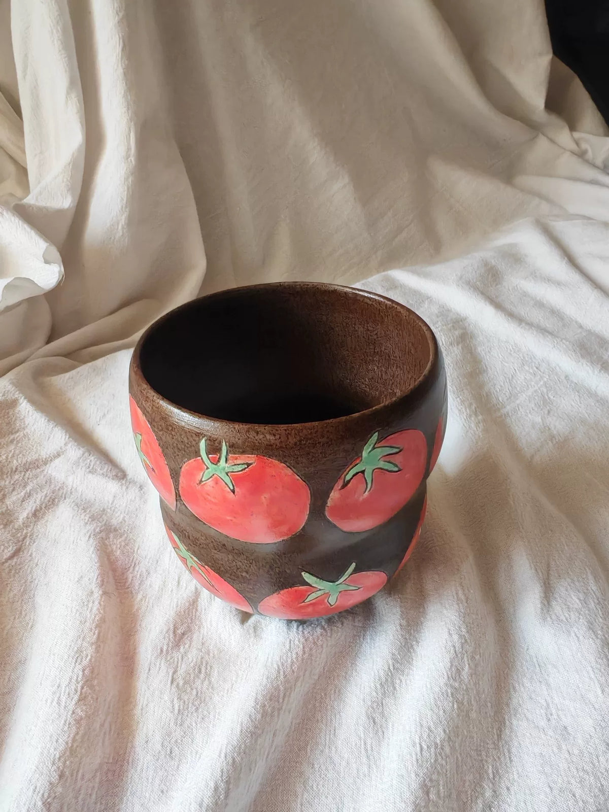 Handmade Black Pottery Coffee Cup with Tomato Motif