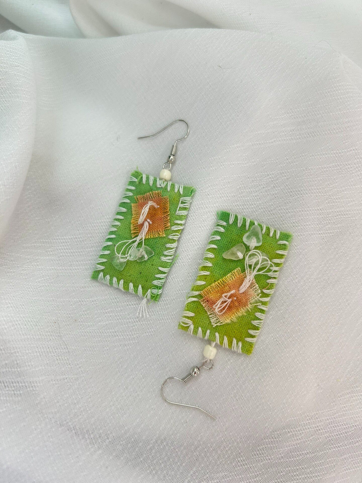 Handwoven Fabric Earrings with Green Pendant