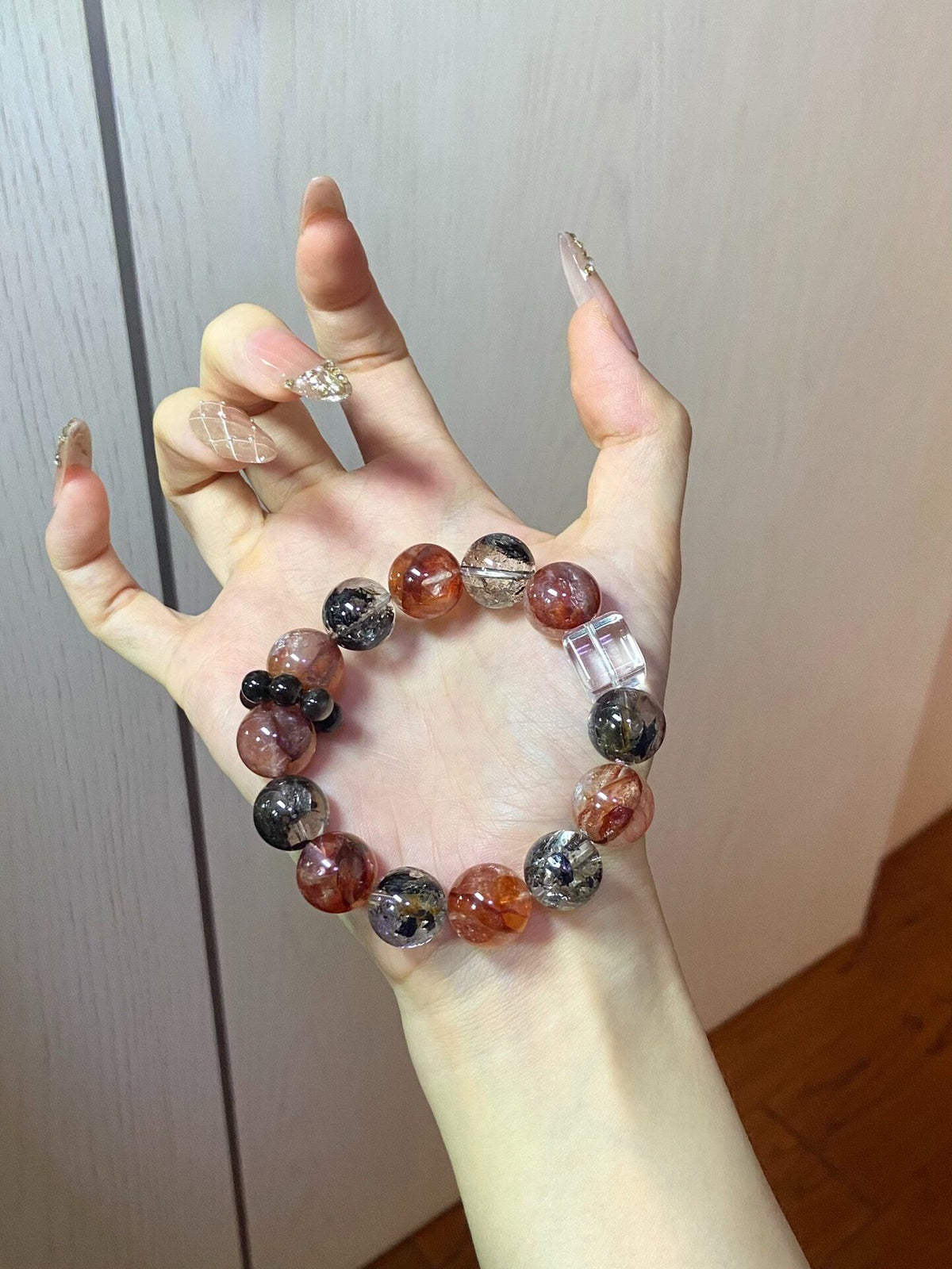 Bracelet with Black Herkimer Red Agate Silver Obsidian