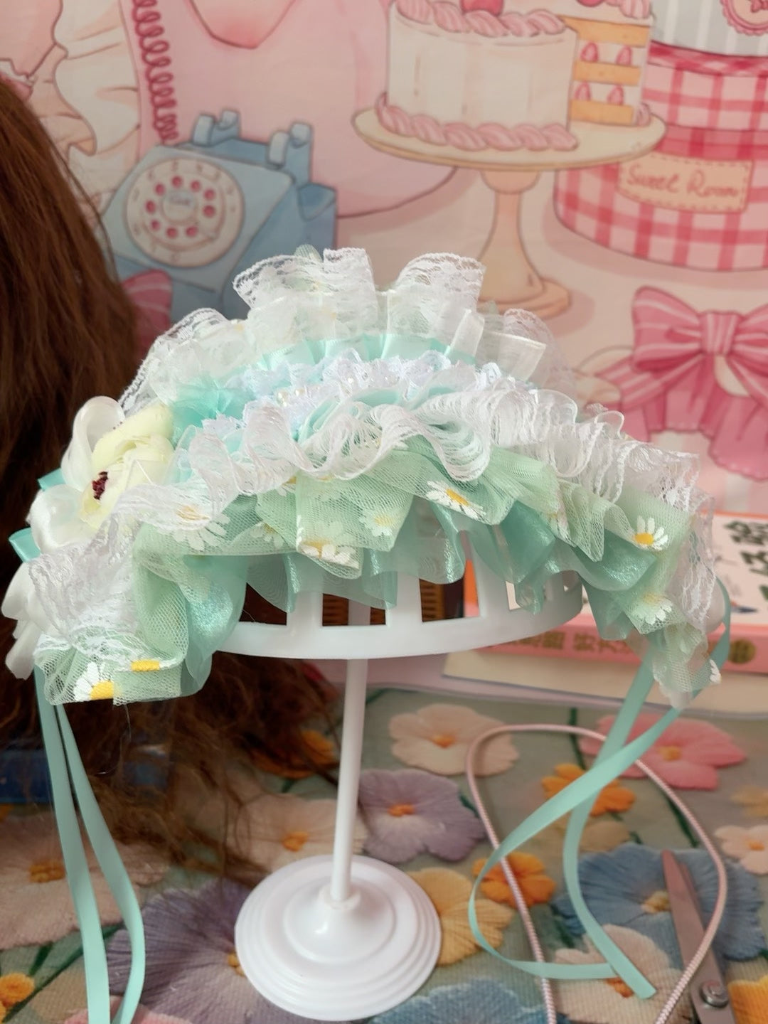 Mintgroene Lolita Haarband met Ruffles en Kant