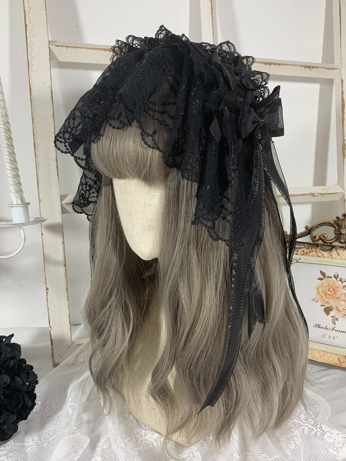 Diadema de encaje negro con lazo Gothic Lolita