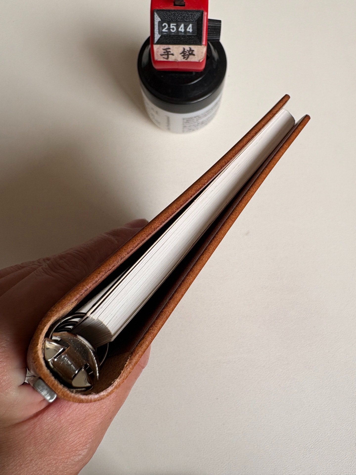 Light Brown Leather Ring-Bound Notebook Cover with Metal Backplate