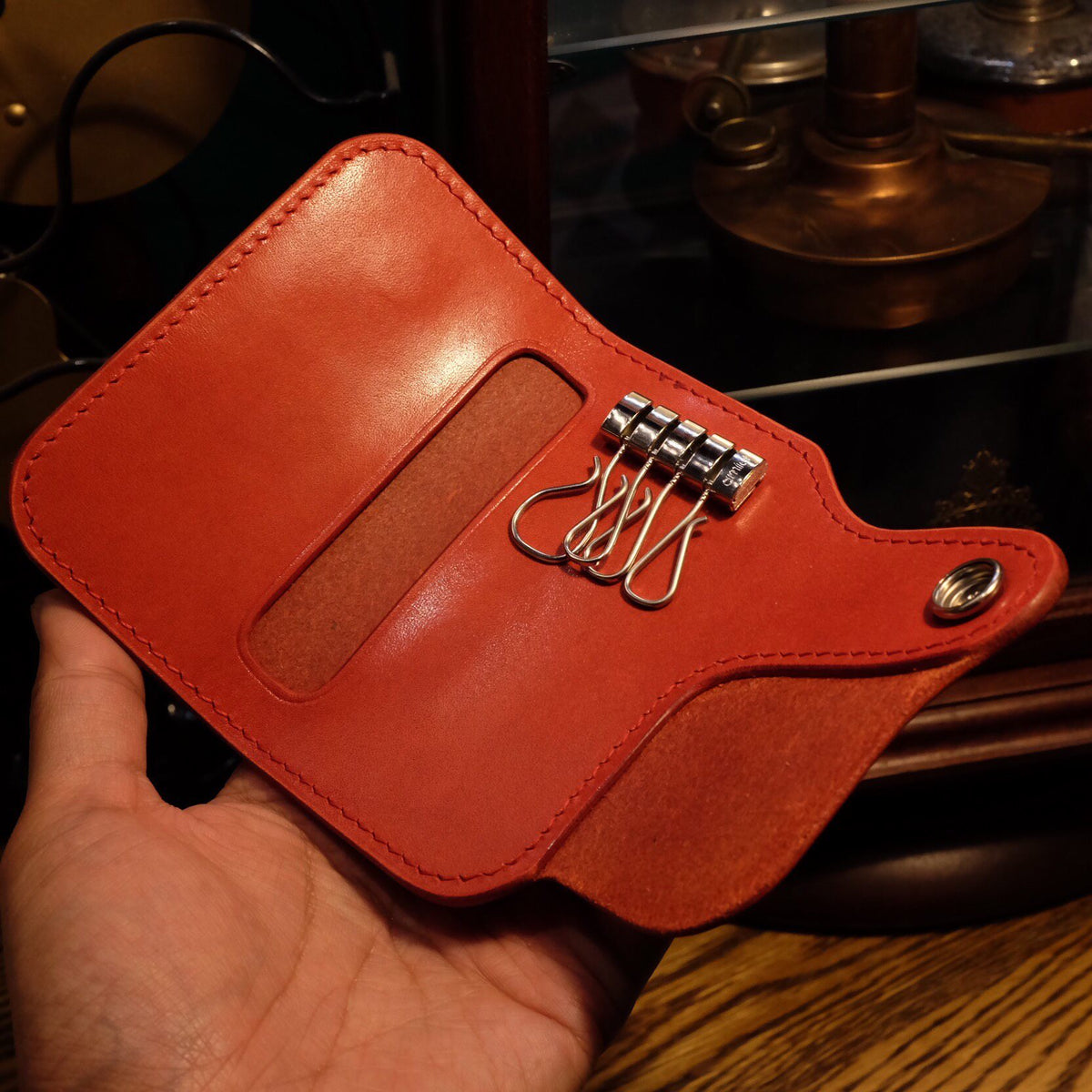 Red Leather Key Holder with Coin Button