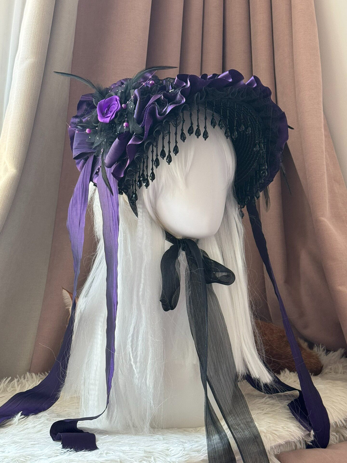 Purple Gothic Lolita Bonnet with Black Beads