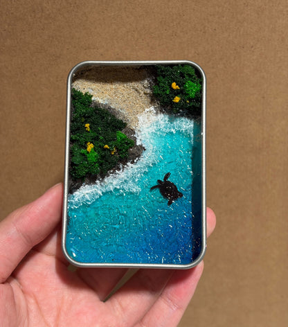 Miniature Coastal Diorama with Turtle in Metal Box