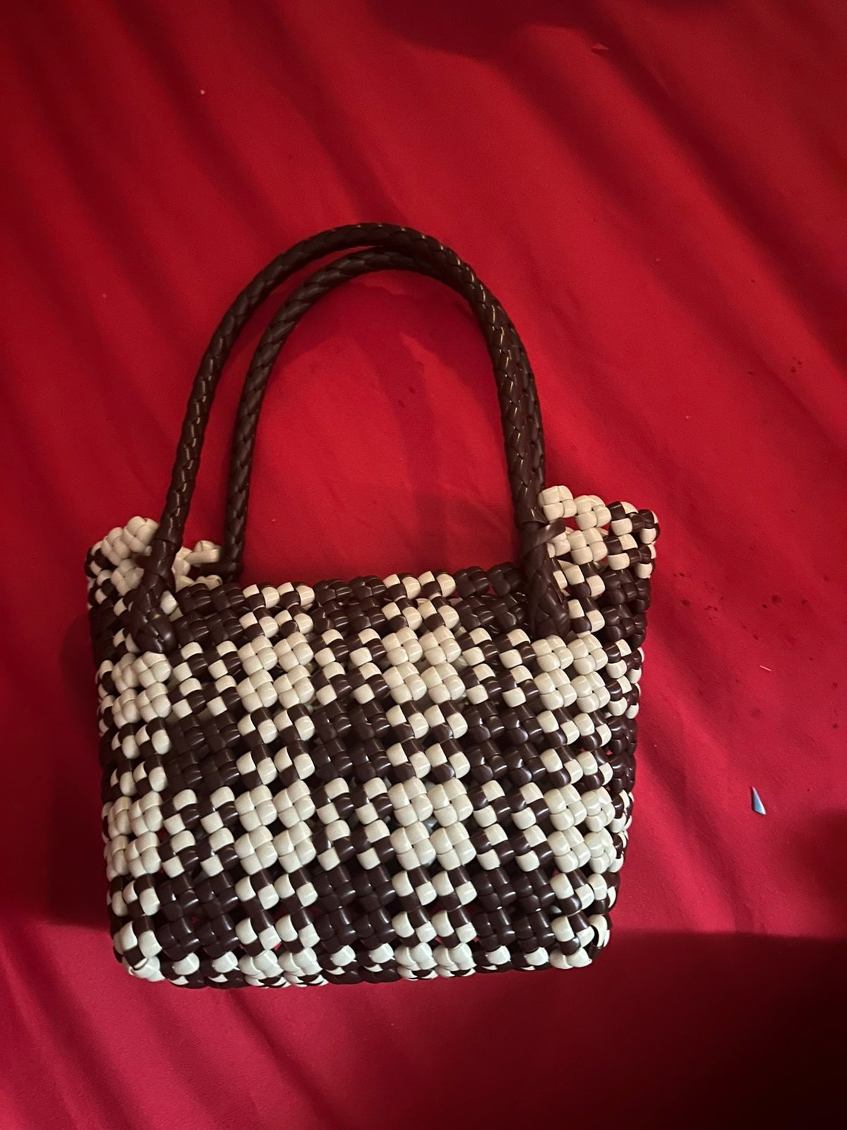 Sac Cabas en Rotin Tissé Carreaux Café et Thé Laité