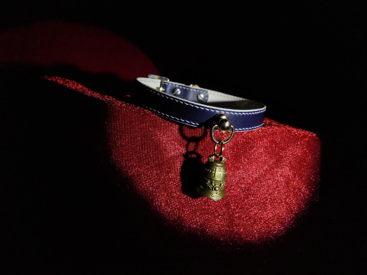 Blue White Leather Collar with Bronze Bell