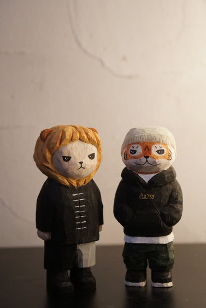 Hand-Carved Wooden Tiger Sculpture in Streetwear, 11cm