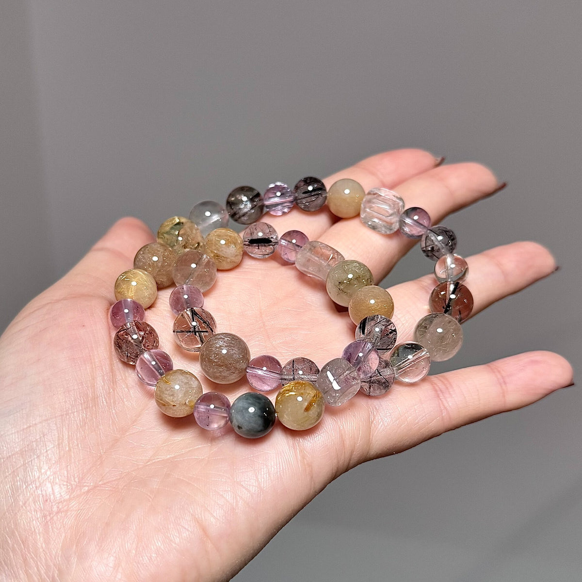 Purple Yellow Rutilated Quartz Crystal Bracelet Set